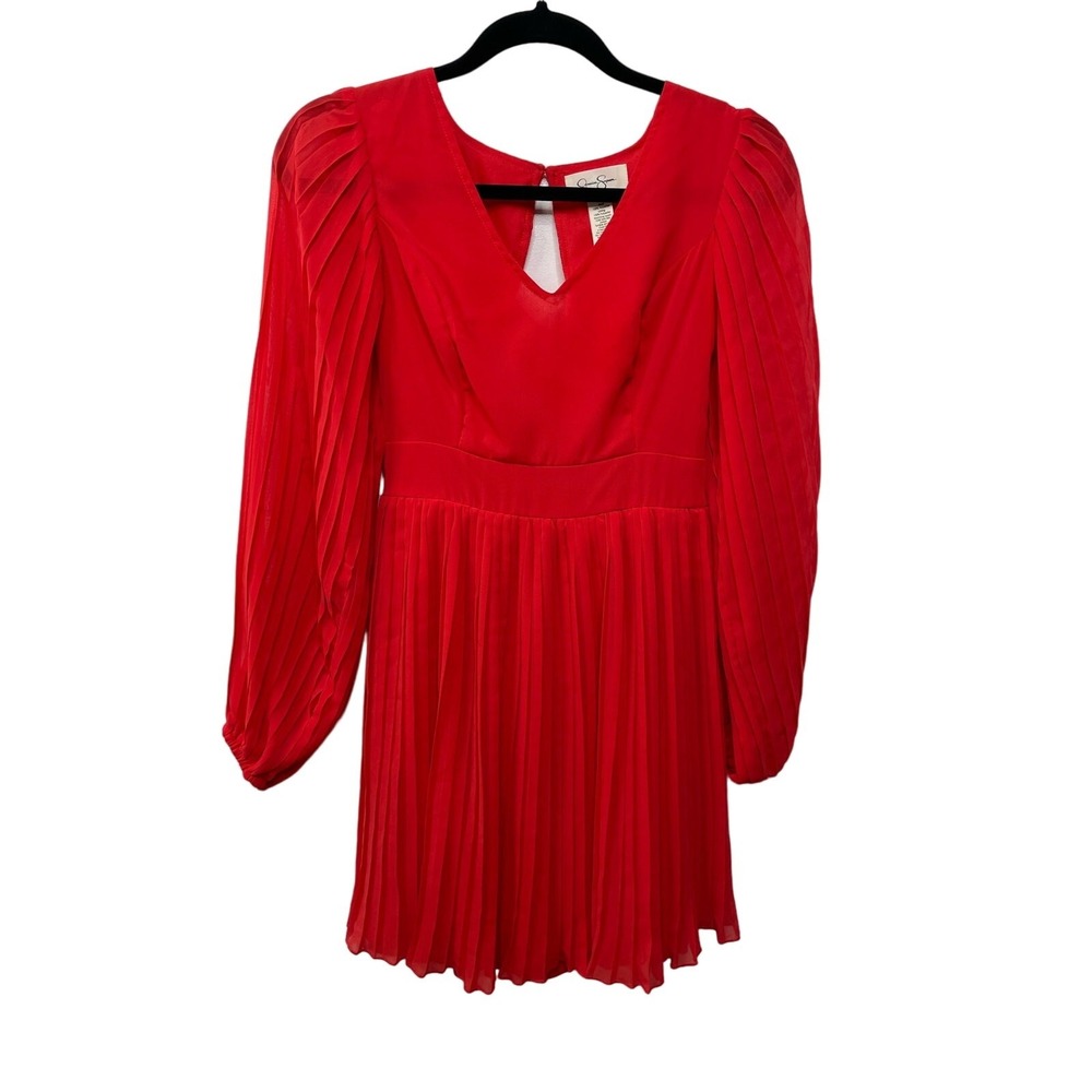Jessica Simpson Pleated Smocked Long Sleeve Mini Dress Red Holiday Christmas‎ S